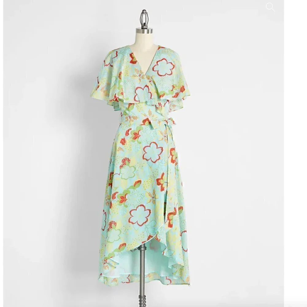 ModCloth Lift Your Wings Wrap Dress Sea Blue Floral - Picture 2 of 12